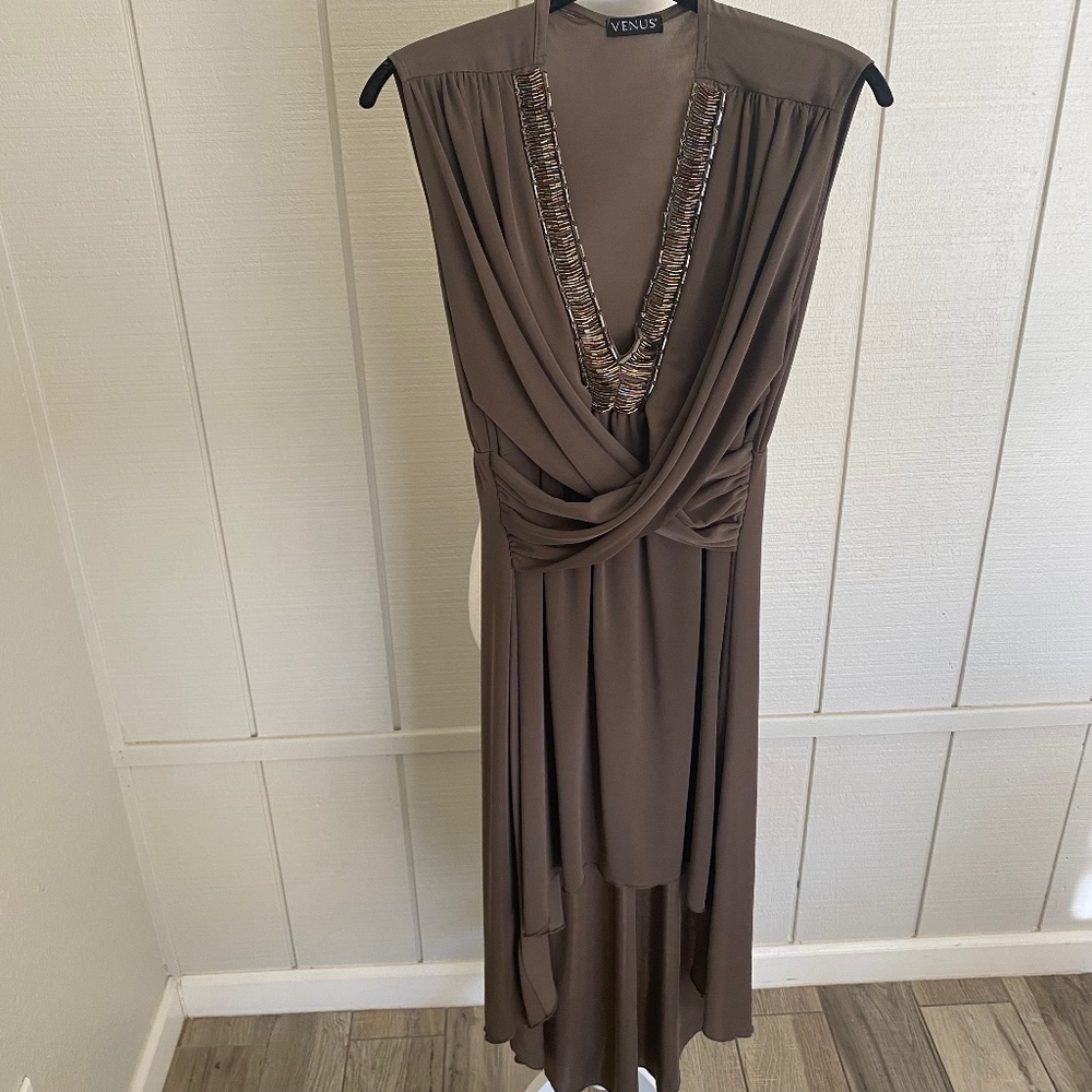 Beaded V-Neck High Low Dress